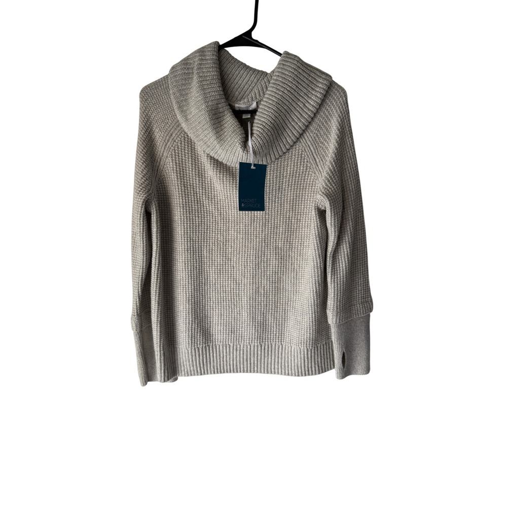 Market & Spruce NWT L Petite Cowl Neck Waffle Knit Thumb Hole Sweater Gray‎